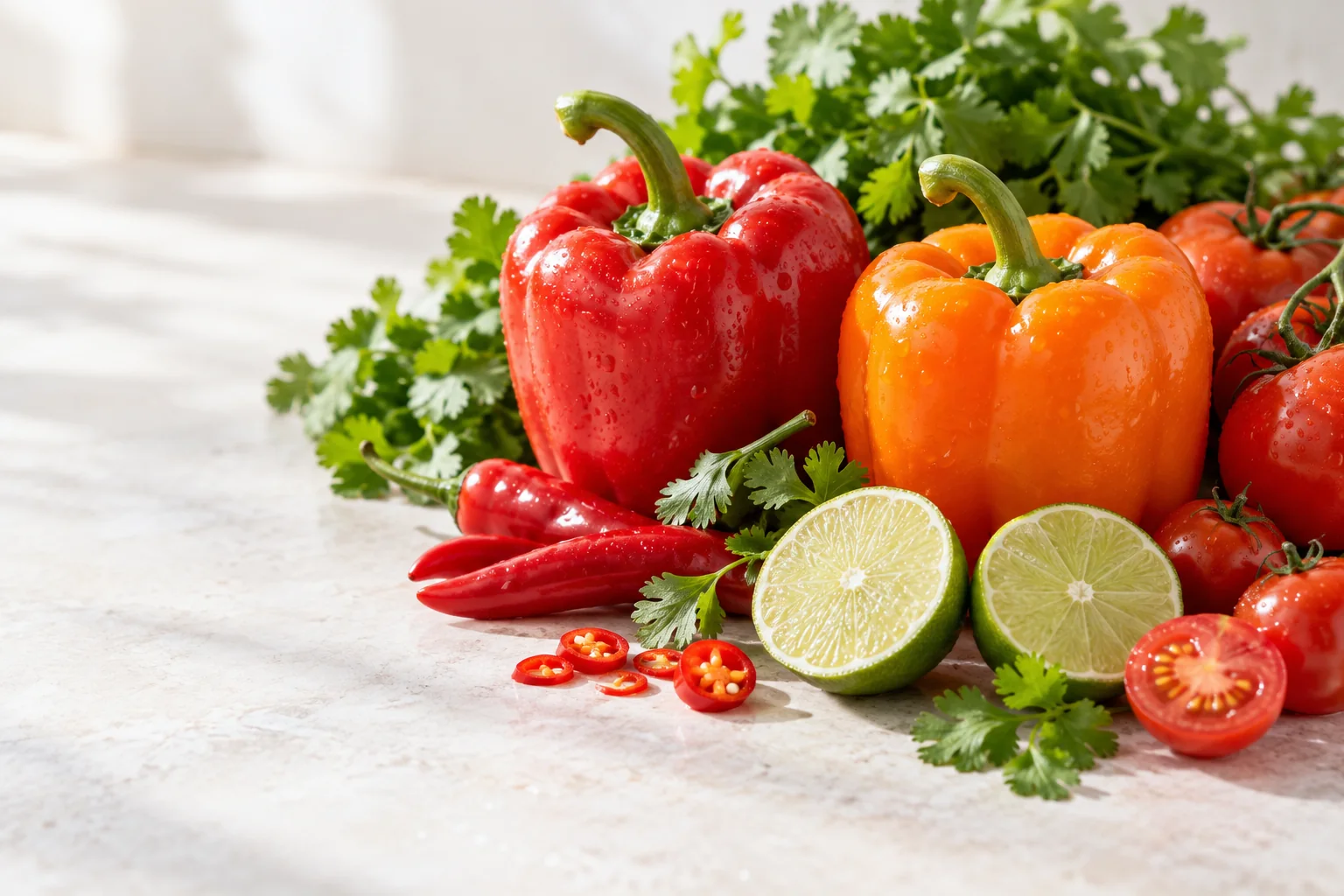 Fresh red and orange peppers with lime, cilantro and tomatoes.